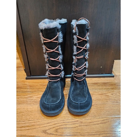 Women's Ugg Whitley Lace-Up Boots Black Size 8 Gray Shearling Style 5230 - Picture 1 of 8